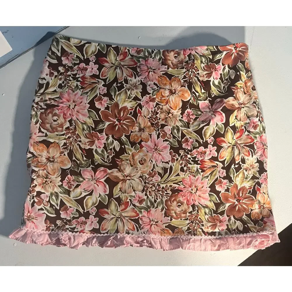 Cato Floral Mini Skirt Brown Pink Ruffle Hem Cotton Blend Size 18 Fairy Cottage